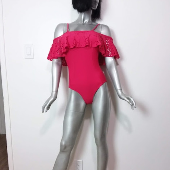 SALE!!Small Solid Red Off-the-shoulder Ruffles One-piece Swimsuit Sexy High Rise - Picture 1 of 6